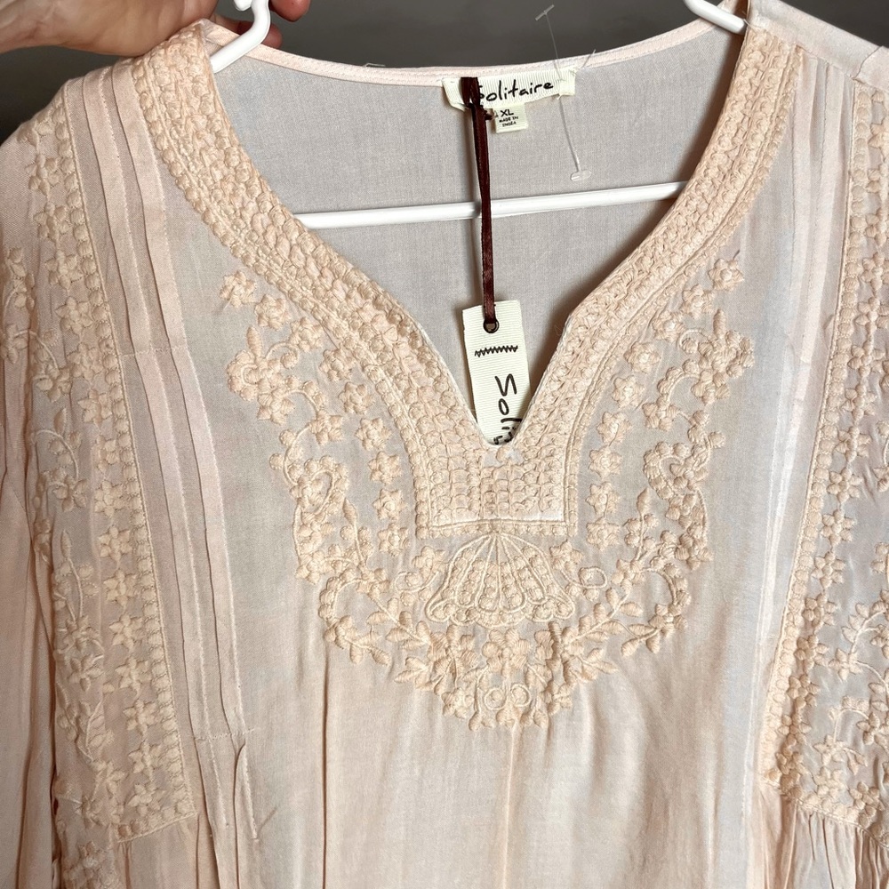 NWT - SOLITAIRE brand embroidered pink tunic - XL